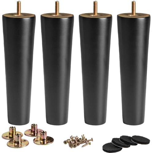 La Vane 4 Stück Möbelfüße aus Massivholz - 20cm Höhe, Schwarz, Konisch mit M8 Gewindebolzen & Montageplatten - Ersatzbeine für Sofa, Bett, Schrank, Couch, Ottomane (Holz, stabil & einfach montierbar)