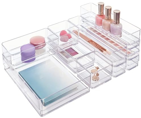 STORi SimpleSort - Juego de 10 organizadores de cajones transparentes apilables | Bandejas de varios tamaños | Contenedores de almacenamiento de maquillaje y separadores de cajones de escritorio de