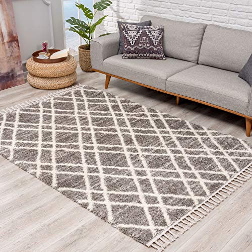 carpet city Teppich Hochflor Wohnzimmer - Ethno Raute Design 120x160 cm Grau Creme - Teppiche mit Fransen