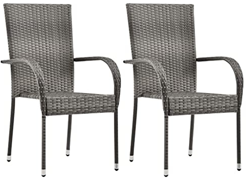 vidaXL 2X Gartenstuhl Stapelbar Stapelstuhl Stapelsessel Essstuhl Sessel Stuhl Lehnstuhl Balkonstuhl Terrassenstuhl Grau Poly Rattan