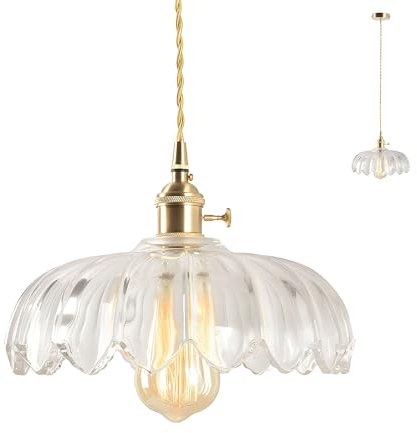 HJXDtech Vintage Glas Pendelleuchte Mit Lotus Blume Lampenschirm, Messing E27-Fassung Mit Schalter, Eleganter Glas Hängelampe für Kücheninsel,Esstisch & Wohnzimmer (Klar)