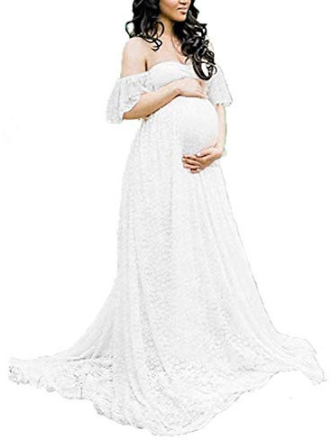 BUOYDM Femme Robe en Maternité Enceinte Costume Photo Shoot Robe Elégante pour Plage Wedding Cocktails Soirée Blanc XL