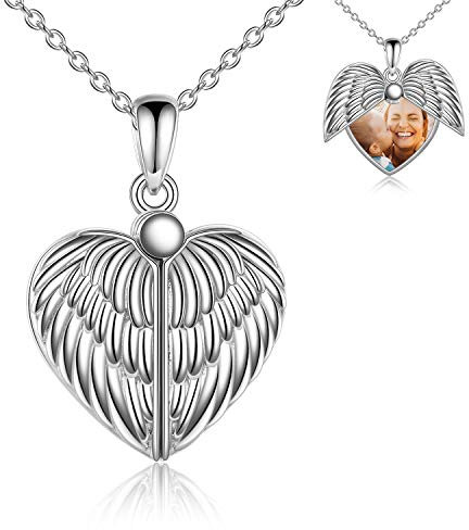 YAFEINI Engelsflügel Medaillon Halskette Sterling Silber Schutzengel Herz Medaillon Halskette, die Bilder für Frauen Mädchen Schmuck Geschenke hält