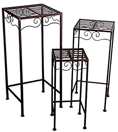 Lot de 3 tabourets à fleurs en métal - 68/58/48 cm - En fer aspect rouille marron - Support pour pot de fleurs (rectangulaire)