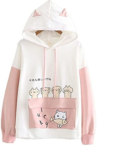 Esdlajks Kawaii Sweat à capuche pour femme - Kawaii hoodie tröja tjej student tunn vår och höst koreanska lösa färg matchande söta hooded öron japansk girly klänning (Color : Pink, Size : XXL)