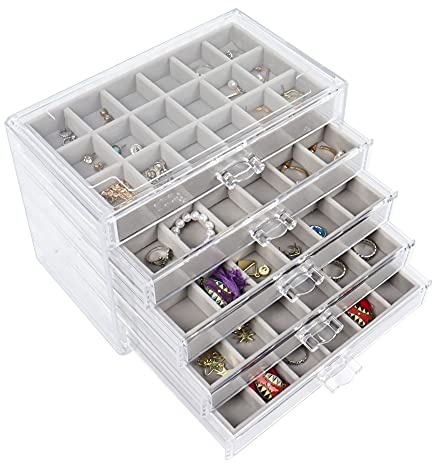 Nwvuop Acryl-Schmuckkästchen mit 5 Schubladen, verstellbarer Ohrring-Aufbewahrungshalter, klarer Schmuckaufbewahrungs-Organizer für Ringe, Ohrringe, Halskette, Make-up, Kosmetik-Aufbewahrungsbox, Grau