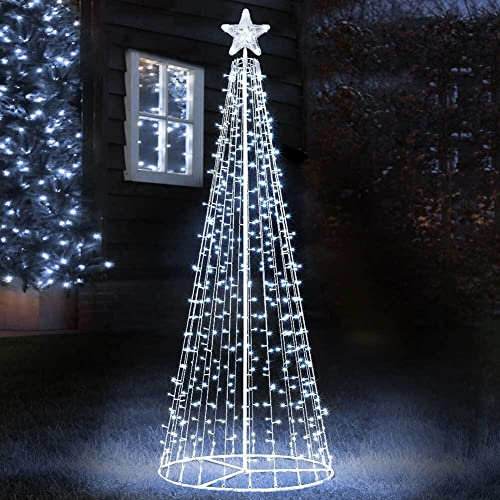 Albero di Natale Luminoso Altezza 220cm con 592 Luci 8 Giochi di Luce Struttura in Metallo Base 80cm Puntale a Stella Decorazioni Natalizie Interno Esterno IP44 (Bianco Freddo)
