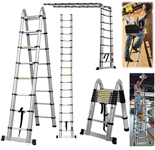 5M Teleskopleiter Teleskopleiter Edelstahl Tragkraft 330 LB Rahmen A leicht, faltbar, mit Haltestange, rutschfest (2,5 m + 2,5 m)