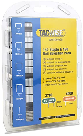 Tacwise 1627 Grapas Tipo 140 y Clavos 18G / 10 mm, 7700 Fijaciones | Galvanizados, Selección de 3700 Grapas 140 (700 6 mm, 1000 8 mm, 1000 10 mm y 1000 12 mm) y 4000 Clavos 180 (18G) / 10 mm
