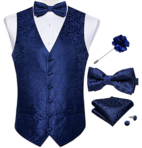 DiBanGu Herren-Paisley-Anzugweste, Seidenkleid, Weste und Fliege, Einstecktuch, Manschettenknöpfe mit Anstecknadel, Set für Hochzeits-Smoking, Weste mit Fliege, Paisleymuster, Blau, Medium