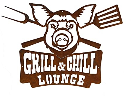 Schild Spruchtafel rostiges Gartenschild Edelrost Rost zum hängen Gartendeko Grill & Chill Lounge Schwein 43cm 500g Stahl