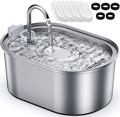 Petace Fuente de agua para Gatos y Perros 3,2 L de Acero Inoxidable Mas 4 Filtros de Carbón Activado y 5 Esponjas - Bebedero Silencioso con Triple Filtración
