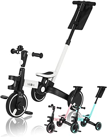 FableKids Dreirad 7in1 Kinderdreirad Laufrad Kinder Lenkstange Fahrrad Baby Kinderwagen | Elternlenkung |Klappbar | Becherhalter | ab 18 Monaten | Klingel | Weiß,