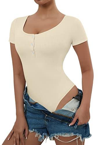 RoomTour Kvinnors elegant kortärmad Bodysuit Bodysuit Casual Shaper Jumpsuits, Beige, S