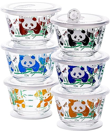 TDN Panda Glasschüssel mit deckel, 6 Stück Glasbehälter mit deckel rund, Vielseitige Pizzaballenbox, Meal Prep Boxen Glas Mikrowellengeschirr glas für Ofen, Spülmaschinen, BPA frei, 480ML
