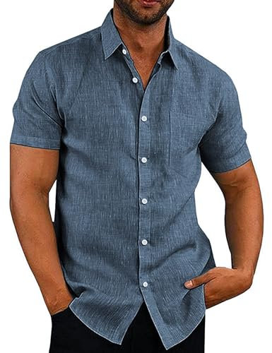 COOFANDY Mens Shirts Short Sleeve Summer Shirt Casual Linen Shirts Regular Fit Holiday Shirt with Pocket Gray& Blue S