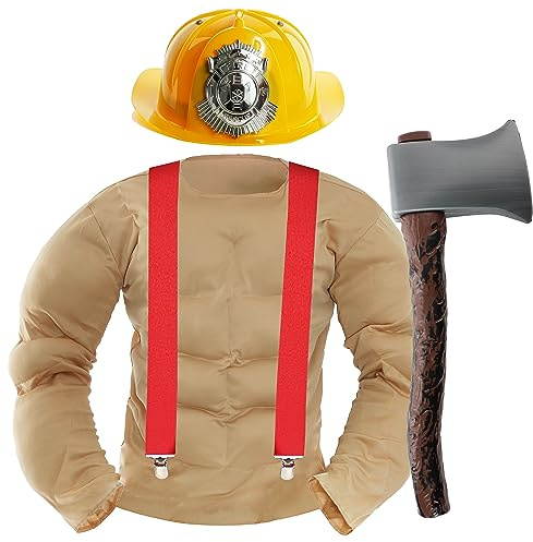 Costume de pompier calendrier pour adultes – Taille XL – Chemise de poitrine musclé beige, casque de pompier jaune, attelle rouge, fausse hache – Déguisement amusant pour adulte