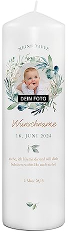PhotoFancy® - Personalisierte Taufkerze mit eigenem Namen und Foto bedrucken lassen - Tauf-Kerze selbst gestalten - 29 cm Höhe - Design 'Olivenkranz' mit Foto