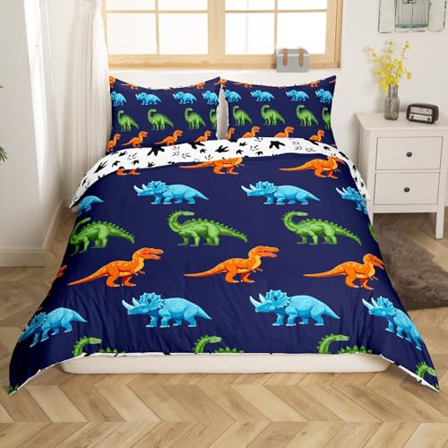 Feelyou Cartoon Dinosaur Duvet Cover Twin, Dark Blue Dinosaur Bedding Set for Kids Dinosaurs Print Comforter Cover Boys Girls Jungle Dino Bedspread Cover with 1 Pillow Case (No Comforter)