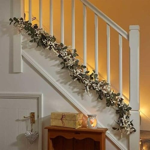 Marco Paul 6ft Christmas Garland - Artificial Christmas Decorations Sage with White Berries - Eucalyptus Garland with Willow Leaves Hanging Greenery Vines Table Runner Garland for Wall Decor