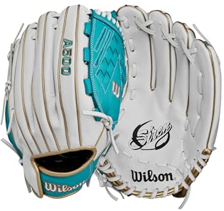 Wilson 2024 A500™ Siren™ Youth Outfield Fastpitch Softball-Handschuh, Rechtshänder, Weiß/Blaugrün/Metallic-Gold