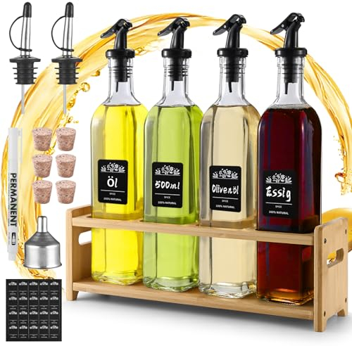 elagel Set di bottiglie in acciaio inox (legno) per aceto e olio (4 x 500 ml), dispenser per olio e aceto con supporto in legno, bottiglia d'olio con beccuccio, olio con etichetta e tappo di sughero
