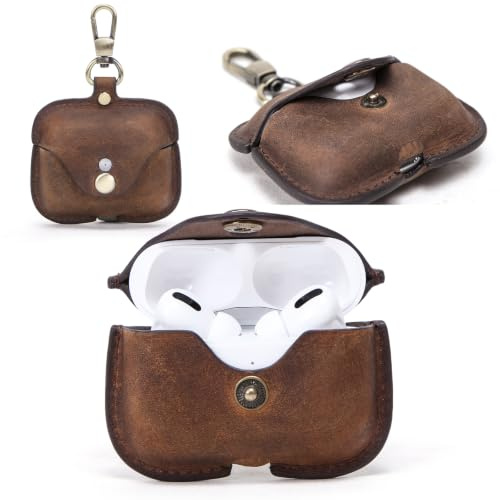 Top Grain Leather Case for AirPods Pro 2, Supports Wireless Charging, Soft Anti-Scratch Lining Earbud Pouch with Key Hook, Coffee