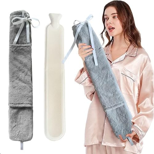 Extra lång vattenflaska varmvattenflaska i lyxigt grått fuskpälsöverdrag med dragkedja 72 cm 2 L