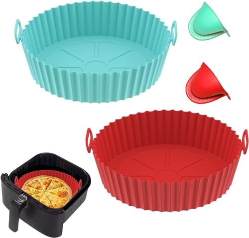 Shalwinn Moule Silicone Air Fryer,Pot en Silicone pour Friteuse à Air,Moule Pour Gâteau Au Four,20cm Air Fryer Silicone Pot Panier, Convient pour four, Friteuse à air(Rouge + Bleu)