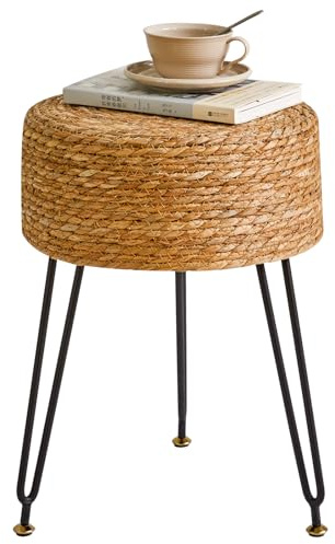 YMYNY Taburete Redondo, Otomana, Reposapiés Redondo de Algas Naturales con Asiento Tejido a Mano, Puf Suave Tapizado, para Sala de Estar, Dormitorio, 32 × 32 × 45CM Color Sólido HBD029N