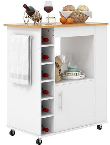 KOMFOTTEU Servierwagen Küchenwagen, Küchen Rolleahen mit Arbeitsplatte & 6 Flaschen Weinregal, Allzweckwagen Holz Küchenschrank auf Rollen für Küche Esszimmer Bar (Weiß)