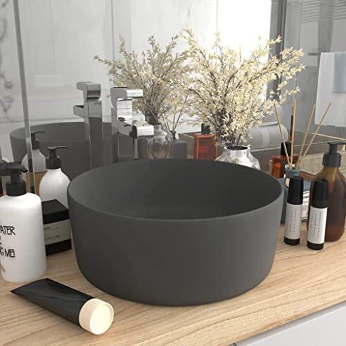 FOZICV LuxuriöSes Waschbecken Rund Matt dunkelgrau 40x40x15 cm Keramik Spülbecken Rund Badezimmer Waschbecken Aufsatzwaschtisch Badmöbel Washbasin Aufsatzwaschbecken Rund Bathroom Sink