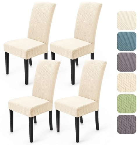 BalladHome Stuhlhussen 4er Set Stretch Stuhlhussen Moderne Twill Jacquard Stuhlbezug Esszimmerstühle Stuhlbezug Abnehmbar Waschbar Chair Covers für Esszimmer Küche Hotel (Cremeweiß, 4er Set)-XW