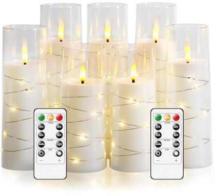 JINYANIA Flammenlose LED Kerzen, Batteriebetriebene Stumpenkerzen mit eingebetteter Sternschnur-Lichterkette, Mit Fernbedienung und Timer, Home Dekoration fügt eine romantische, Set von 7 (Weiß)