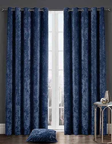 LIZZIE JACOBS Crushed Velvet Luxury Curtains Eyelet Top Fully Lined Thick Curtain Pairs Living Room Bed Room Kitchen Office Ring Top Curtains (Navy, 46 wide x 72 drop)