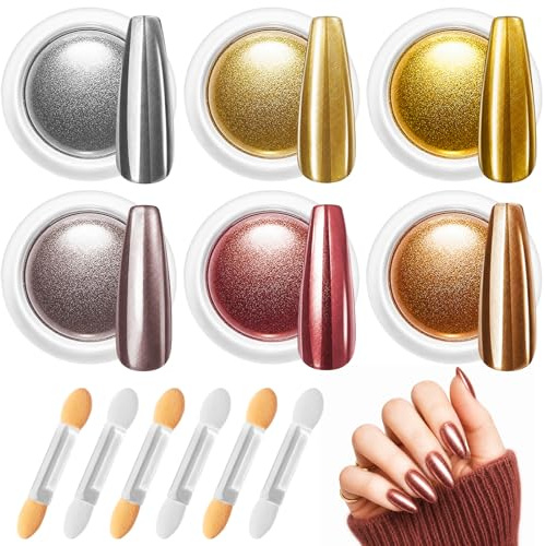 6-Farben Chrome Nail Powder, Chrome Pulver Nägel mit Spiegeleffekt, Metallic Chrom Pulver Laser Chromes Puder,Cromepulver Nägel für Nail Art Dekoration (A-mirror & pearl)