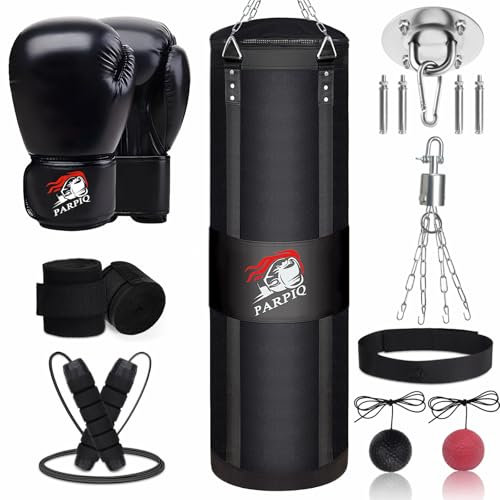 PARPIQ Hanging Punching Bag for Adults, 4ft New Upgrade Canvas/PU/Oxford Heavy Boxing Bag Set, Punching Bag with 12oz Boxing Gloves for MMA Kickboxing Muay Thai Training Home(Unfilled)