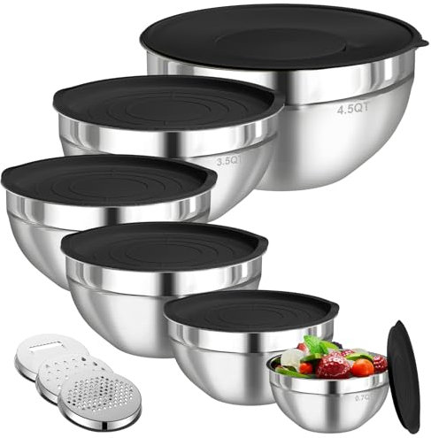 Winproper Mixing Bowls with Lids Set, 6 PCS Stainless Steel Mixing Bowls with 3 Grater Attachments, Kitchen Food Storage Organizers Nesting Mixing Bowl, Large Size 4.5, 3.5, 2.1, 1.5, 1.1, 0.7QT-Black