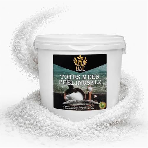 HAF Premium döda havsskalningssalt för känslig och torr hud | 1–25 kg | Saltpeeling 100 % naturlig ren från Jordanien för ansikte och kropp | kroppsskrubb för bastu, dusch (1 x 5 kg hink)