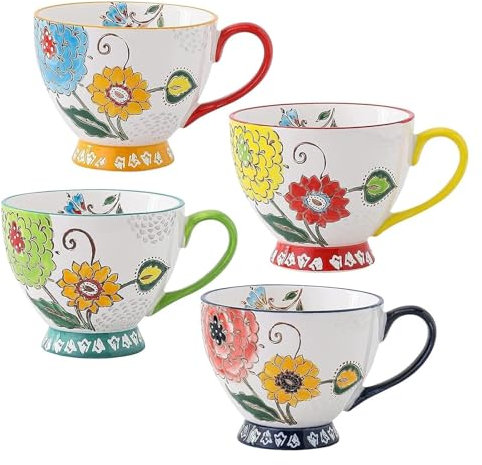 CvbGNJm Tazas de café, taza de café, tazas de café de cerámica florales hechas a mano, juego de 4 tazas de café con leche for té de capuchino, cacao, leche y agua, taza esmaltada blanca mate con asa