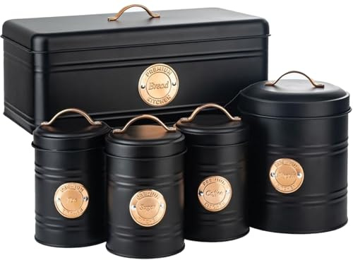 LENAK Tea Coffee Sugar Storage Canister Set - Labelled Containers for Tea Coffee Sugar Tins Jar Sets for Kitchen Accessories & Essentials (Black/Copper, 5 Pieces)