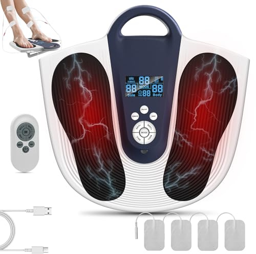Robofun Durchblutungs-Stimulator mit Heiz und Vibrationsfunktionen + Fernbedienung | 4 Muskelstimulations-Pads, TENS & EMS Fußmassagegerät fördert Durchblutung in müden Beinen, Waden & Füßen
