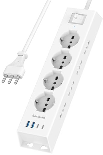 Aochxin Presa Angolare Multipresa Elettrica con 2 USB-A, 2 USB-C e 12 Prese, Ciabatta con Interruttore e Protezione Sovratensione, 3680W, 16A, Cavo 2m, Presa Multipla per Piano di Lavoro, Bianco