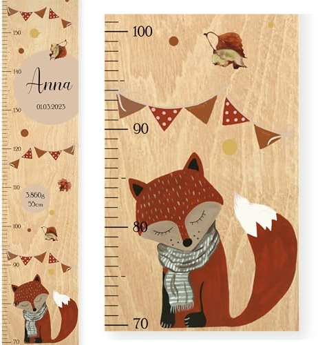 EmiliaLotte Personalisierte Kinder Messlatte Holz mit Wunschname & Daten I Messlatte Kinder 70-160 cm I Montessori Messlatte Kinder Holz - Fuchs I Messlatten für Kinderzimmer