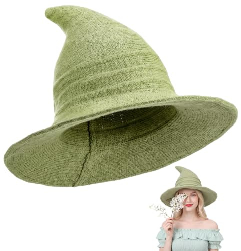Boyiee Gestrickt Hexe Hut Breitkrempe Gestrickte Mütze Halloween Hexenhut Faltbare Zipfelmütze für Damen Halloween Cosplay Kostüm Maskerade Zubehör(56–58 cm,Grün,1 Stück)
