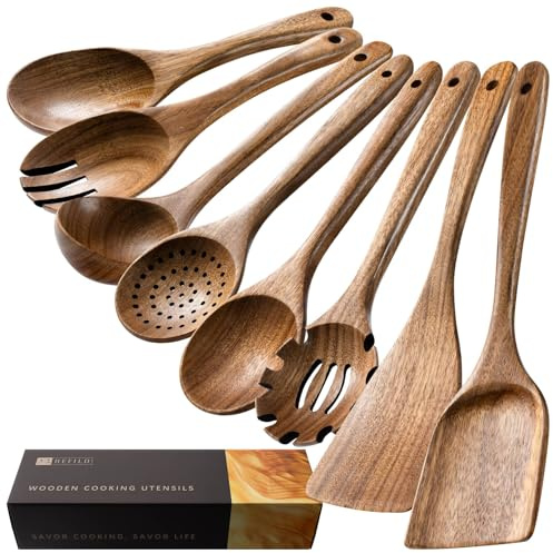 Hefild Cucharas de madera para cocinar, juego de utensilios de cocina antiadherentes con 8 espátulas de madera de acacia y cucharas para cocinar, excelente para tareas diarias de cocina