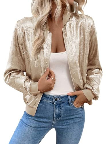 GORGLITTER Bomberjacke Damen Kurze Blouson Jacke Casual Fliegerjacke Baseball-Kragen Jacken Herbst Übergangsjacke Freizeitjacke Champagnerfarben S