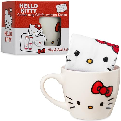 Get Trend Hello Kitty Sanrio Mug et Chaussettes Coffret Cadeau Femme et Ado, Tasse Céramique 340ml, Chaussettes Colorées Kuromi Cinnamoroll (Blanc Hello Kitty)