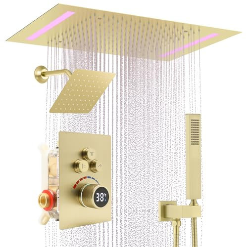 Delnet Dual Shower Heads Digital Display Valve Shower Mixer Set, with 14x20inch(35.6x50.8 cm) Ceiling Shower Head-Rainfall & 6 Wall Mounted Head, Can be Turned on simultaneously, Brushed Gold