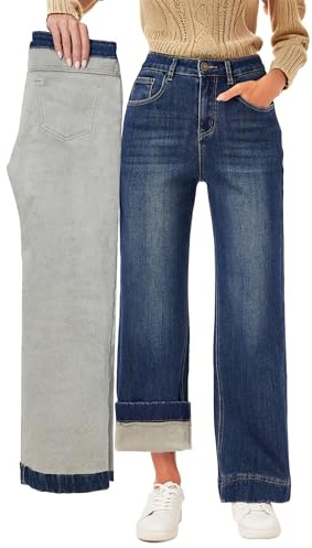 Fakanhui Jeans larghi da donna foderati in pile a gamba larga invernali termici foderati in flanella jeans larghi larghi jeans in denim caldi, Scuro., S